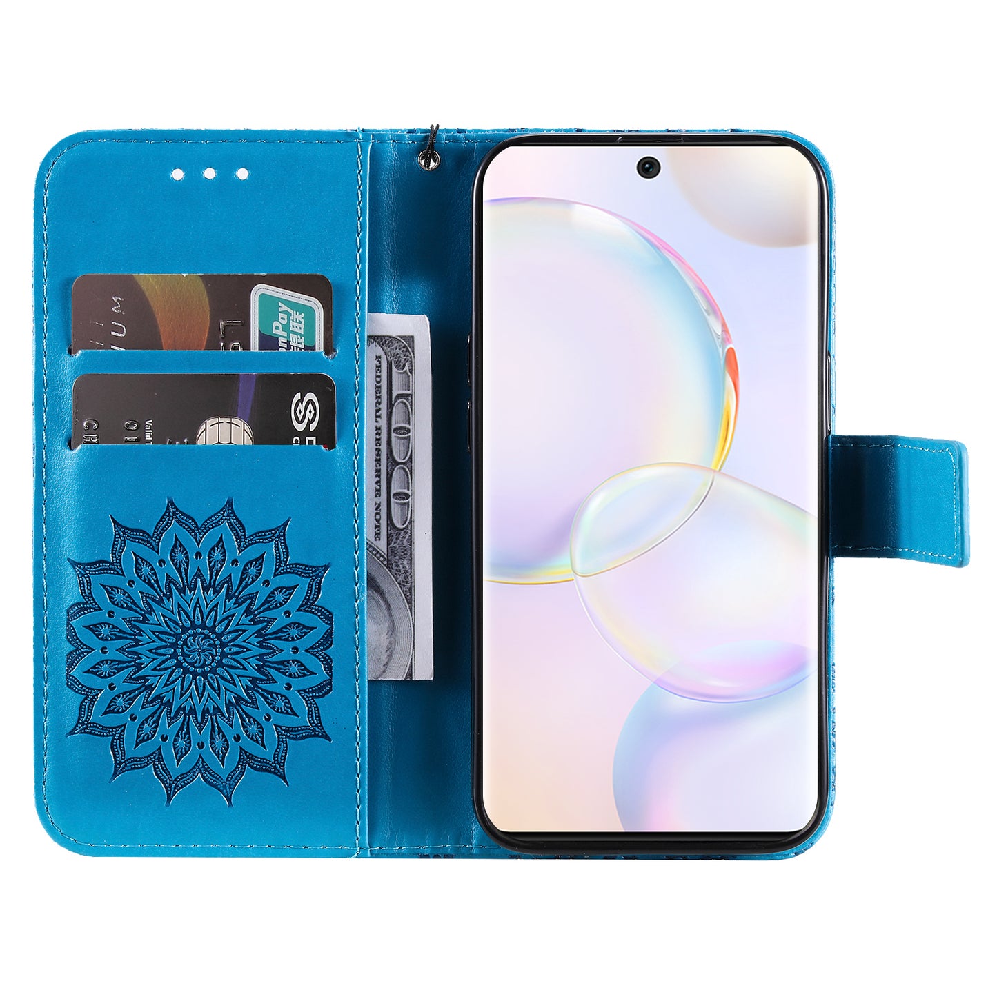 KT Imprinting Flower Series-1 Imprinting Mandala Sun Pattern Anti-scratch Protective Leather Case with Wallet Stand for Huawei nova 9/Honor 50 5G