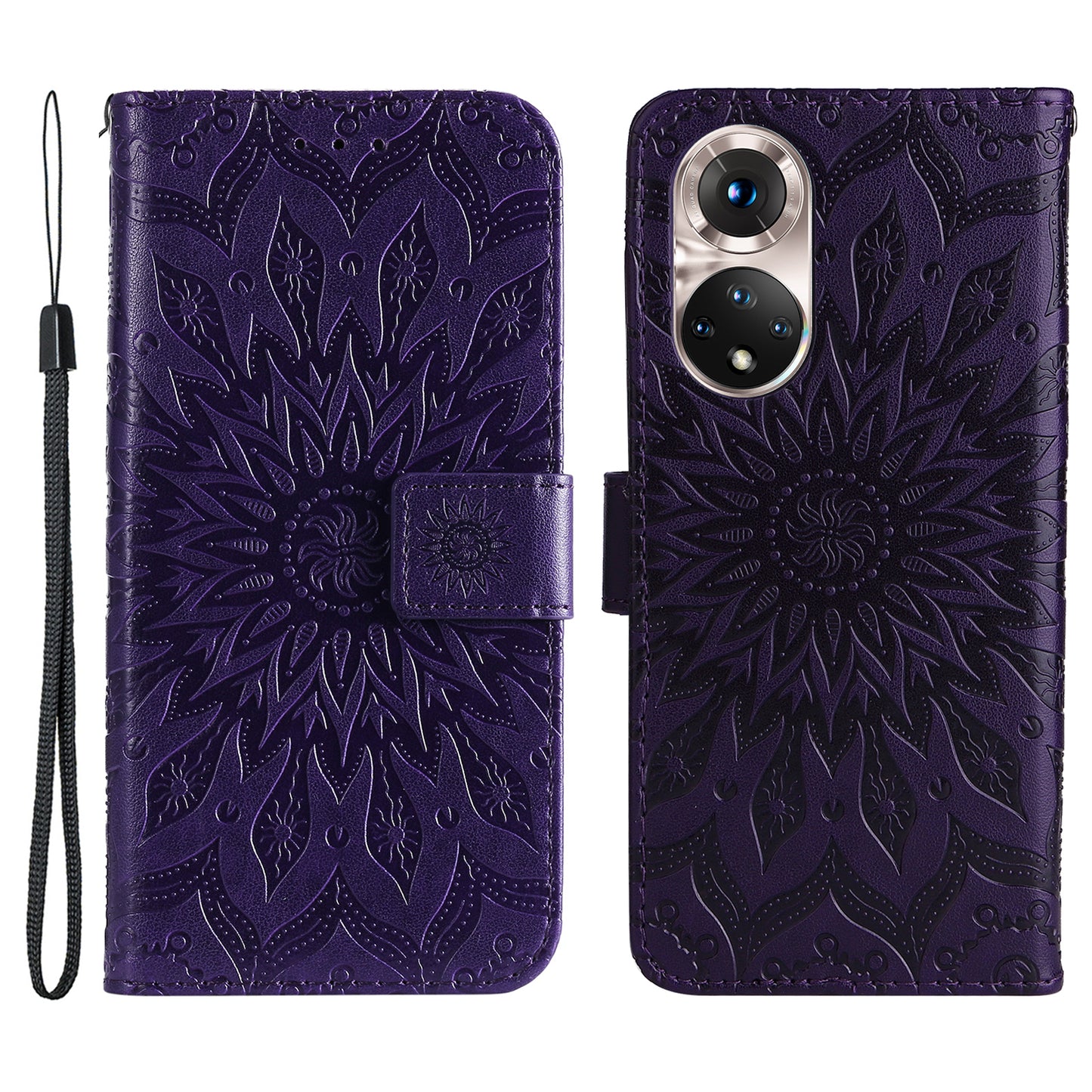 KT Imprinting Flower Series-1 Imprinting Mandala Sun Pattern Anti-scratch Protective Leather Case with Wallet Stand for Huawei nova 9/Honor 50 5G
