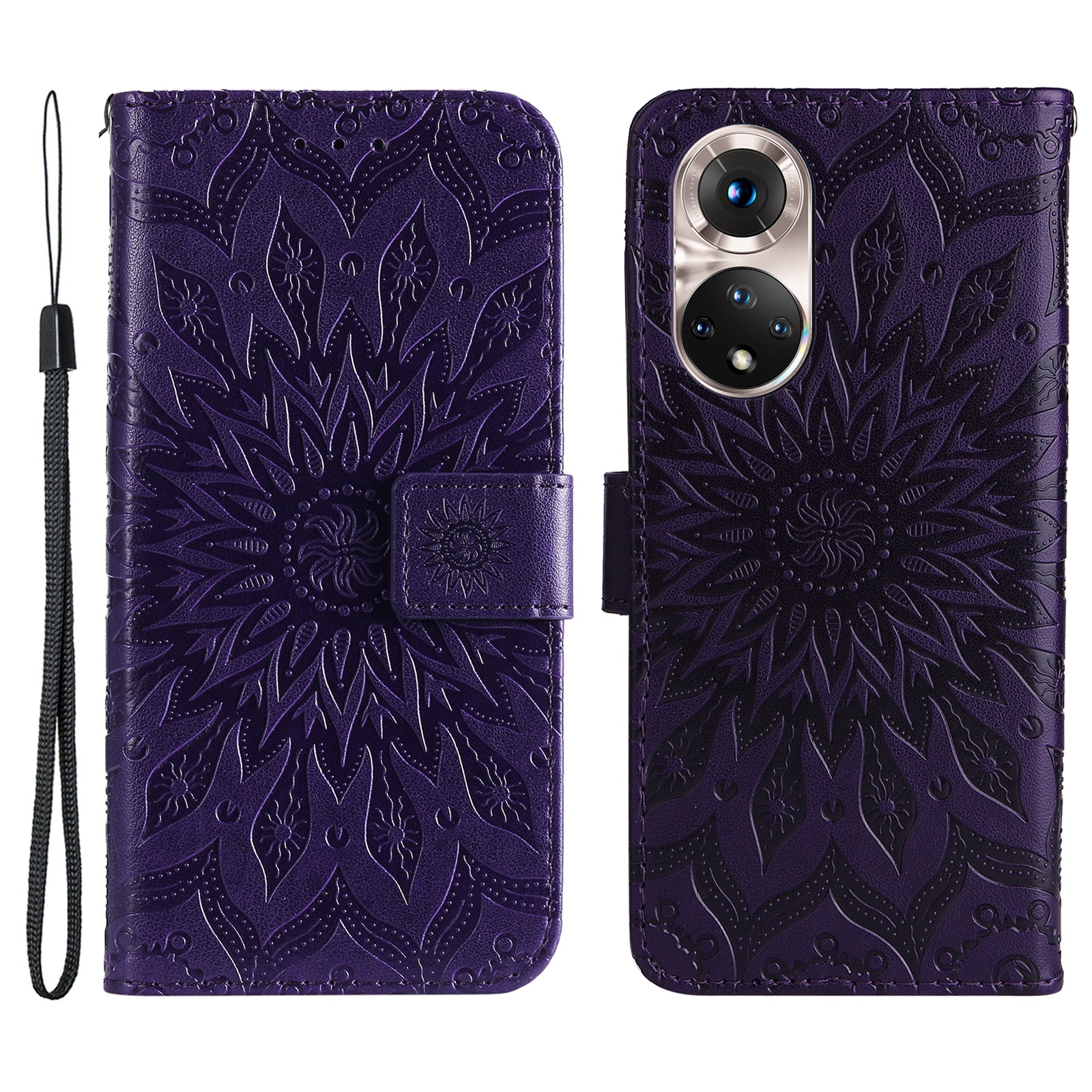 KT Imprinting Flower Series-1 Imprinting Mandala Sun Pattern Anti-scratch Protective Leather Case with Wallet Stand for Huawei nova 9/Honor 50 5G