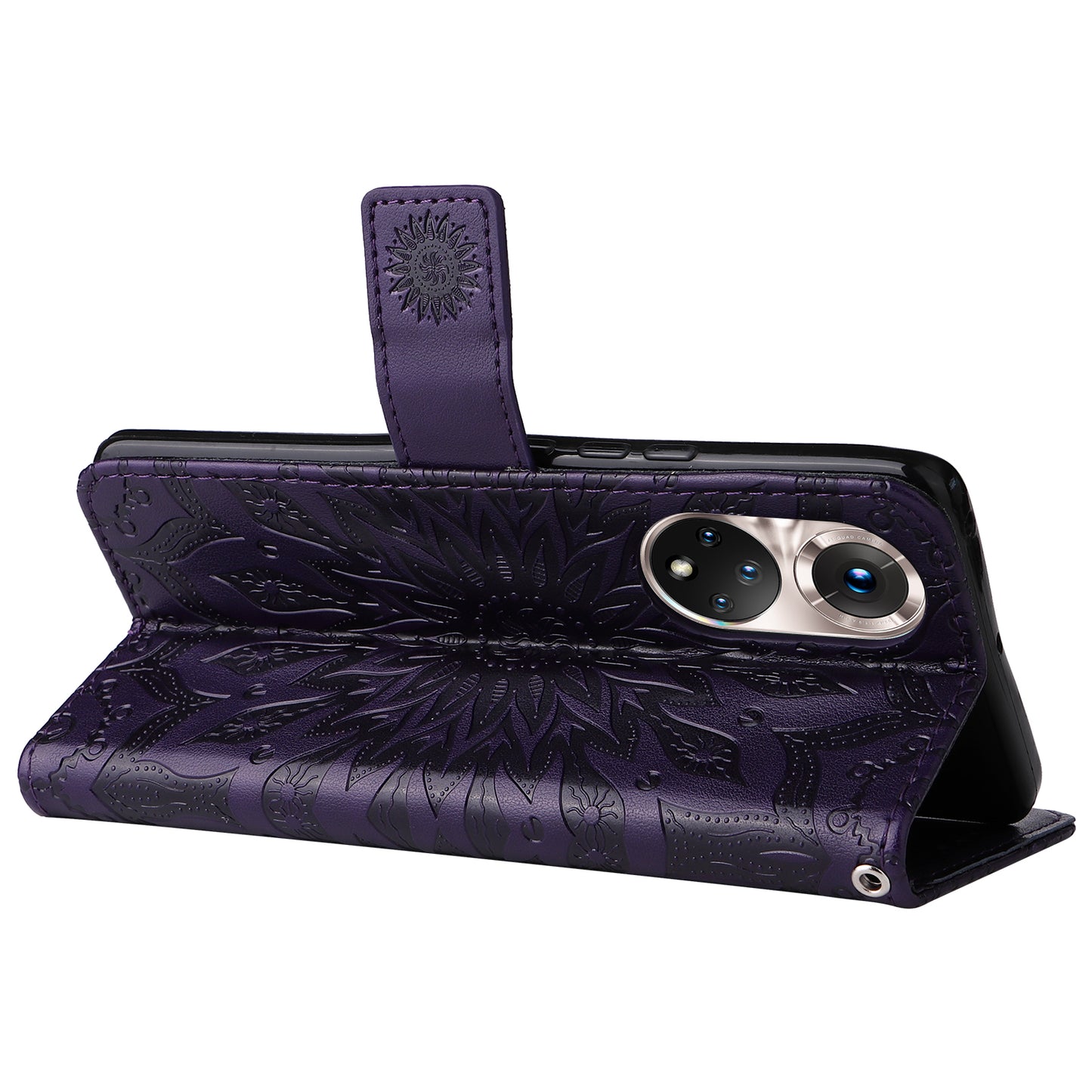 KT Imprinting Flower Series-1 Imprinting Mandala Sun Pattern Anti-scratch Protective Leather Case with Wallet Stand for Huawei nova 9/Honor 50 5G