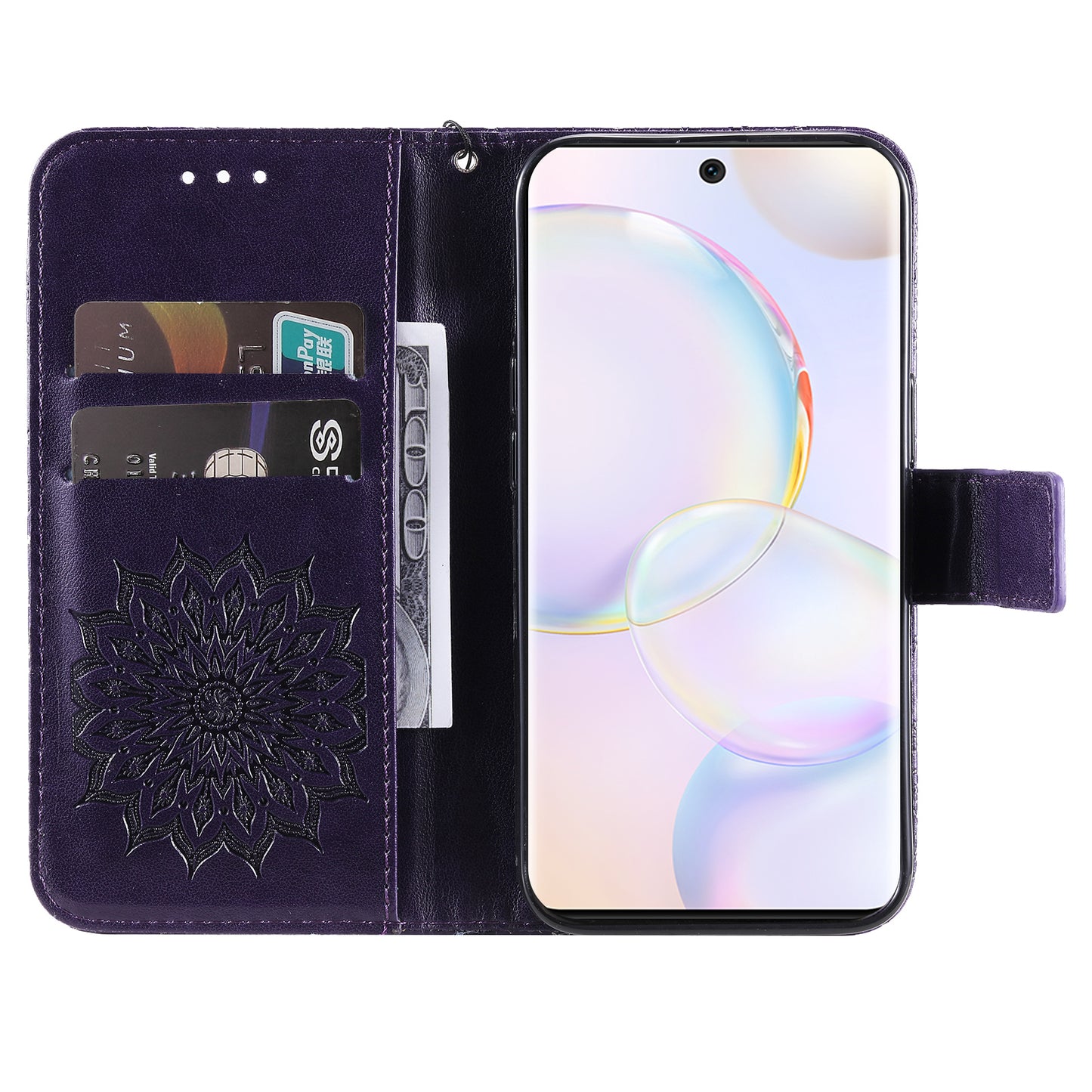 KT Imprinting Flower Series-1 Imprinting Mandala Sun Pattern Anti-scratch Protective Leather Case with Wallet Stand for Huawei nova 9/Honor 50 5G