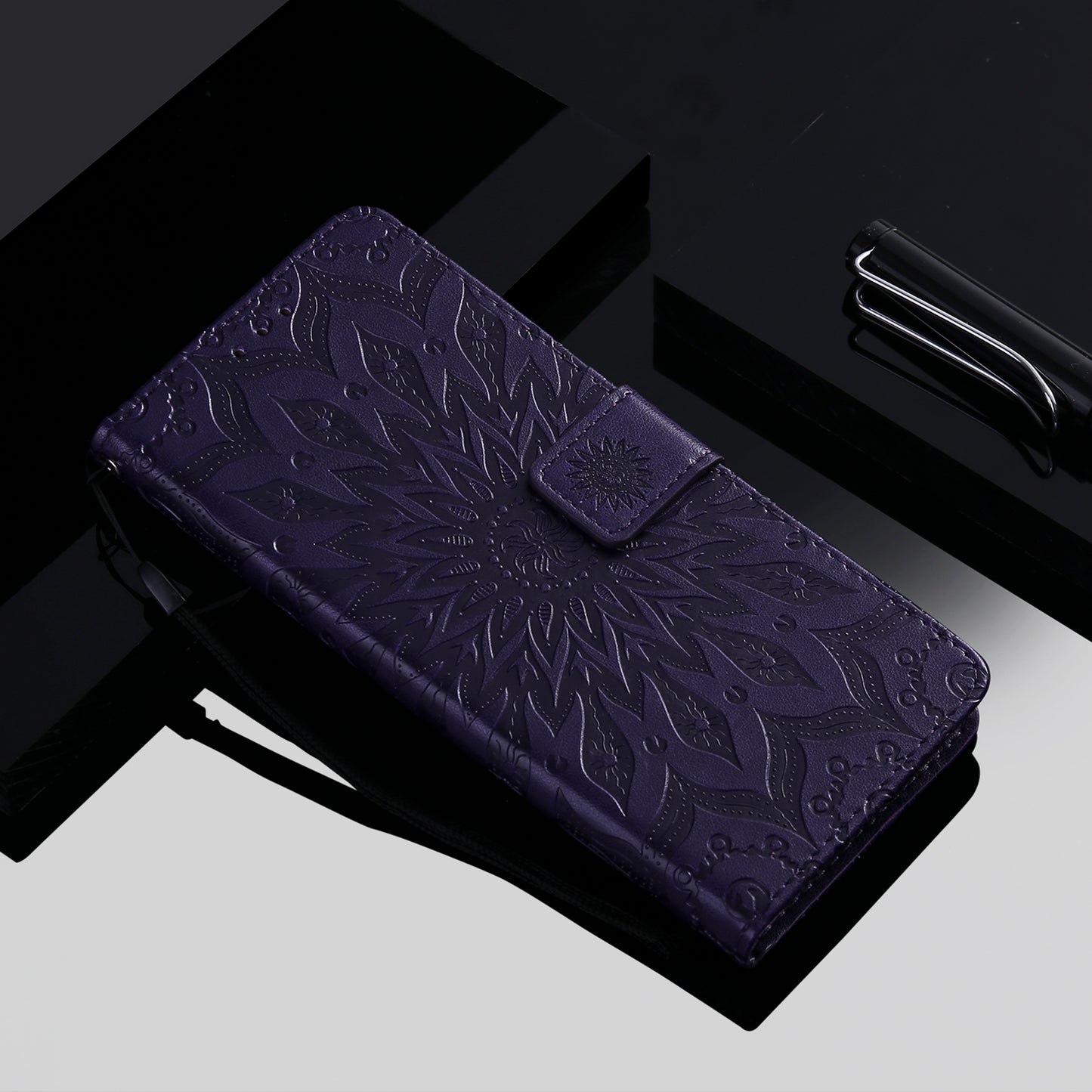 KT Imprinting Flower Series-1 Imprinting Mandala Sun Pattern Anti-scratch Protective Leather Case with Wallet Stand for Huawei nova 9/Honor 50 5G