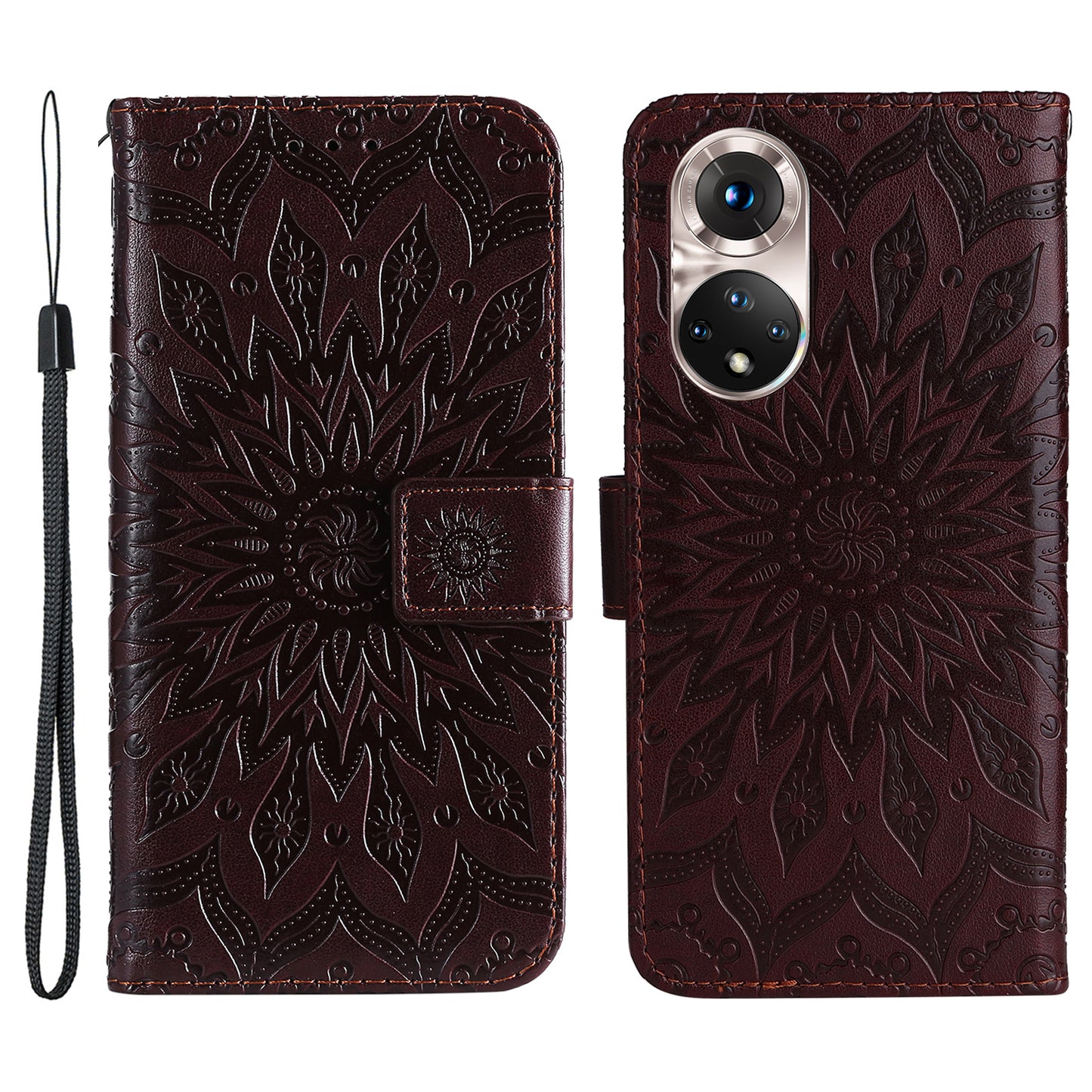 KT Imprinting Flower Series-1 Imprinting Mandala Sun Pattern Anti-scratch Protective Leather Case with Wallet Stand for Huawei nova 9/Honor 50 5G
