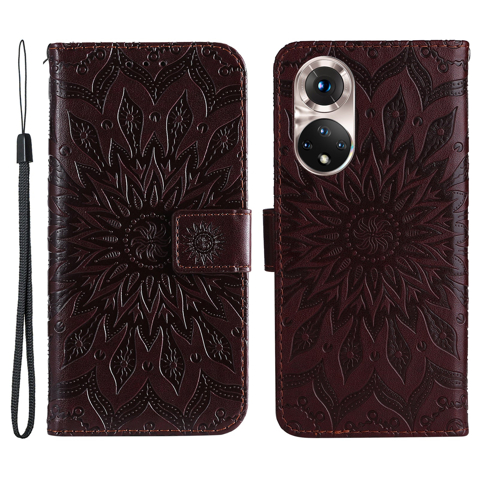 KT Imprinting Flower Series-1 Imprinting Mandala Sun Pattern Anti-scratch Protective Leather Case with Wallet Stand for Huawei nova 9/Honor 50 5G