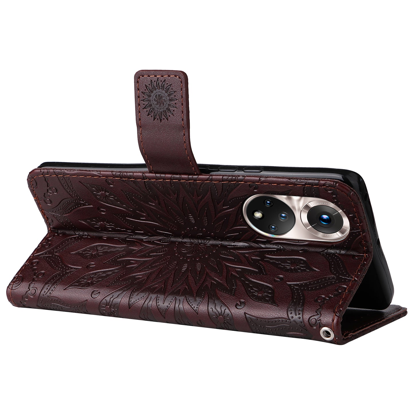 KT Imprinting Flower Series-1 Imprinting Mandala Sun Pattern Anti-scratch Protective Leather Case with Wallet Stand for Huawei nova 9/Honor 50 5G