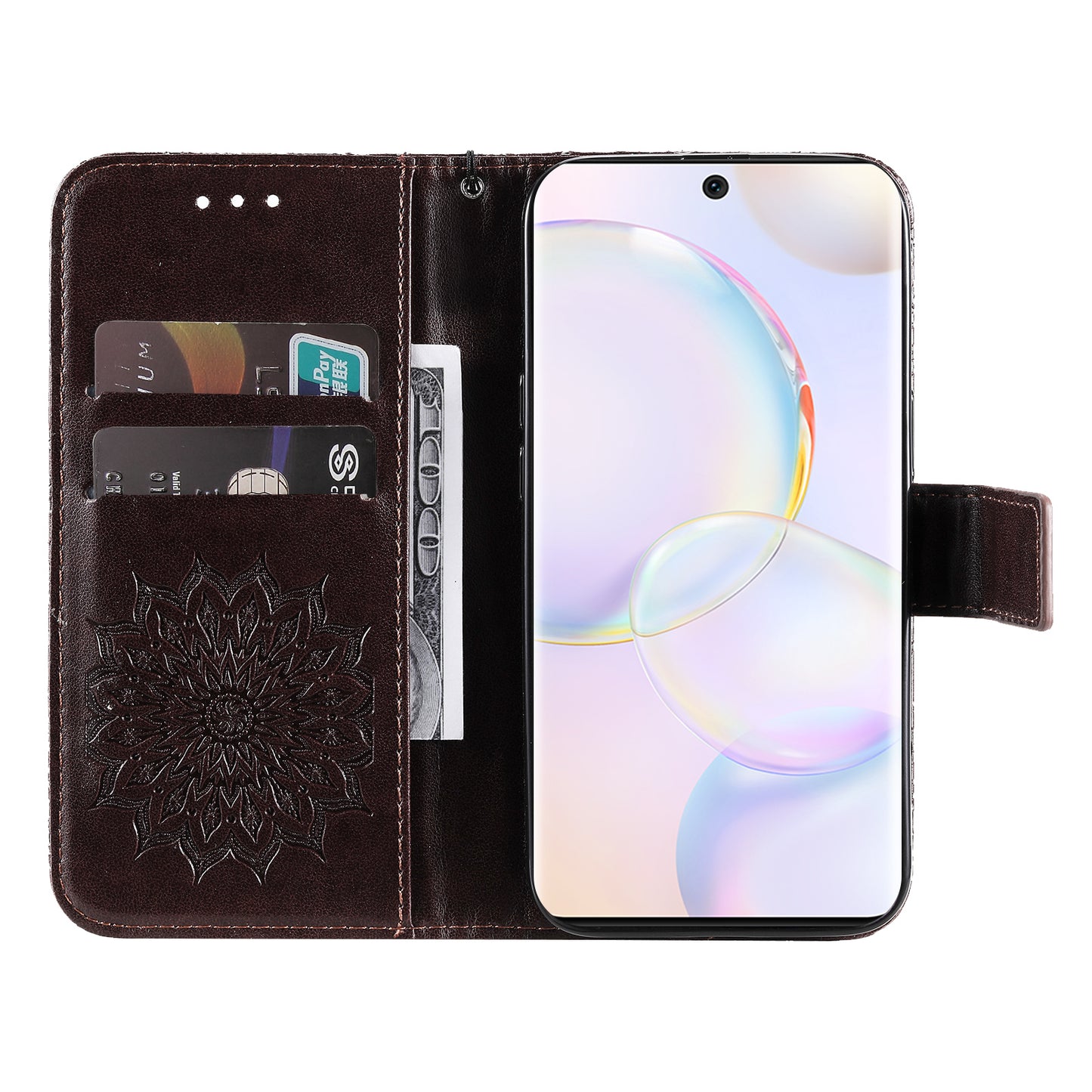 KT Imprinting Flower Series-1 Imprinting Mandala Sun Pattern Anti-scratch Protective Leather Case with Wallet Stand for Huawei nova 9/Honor 50 5G