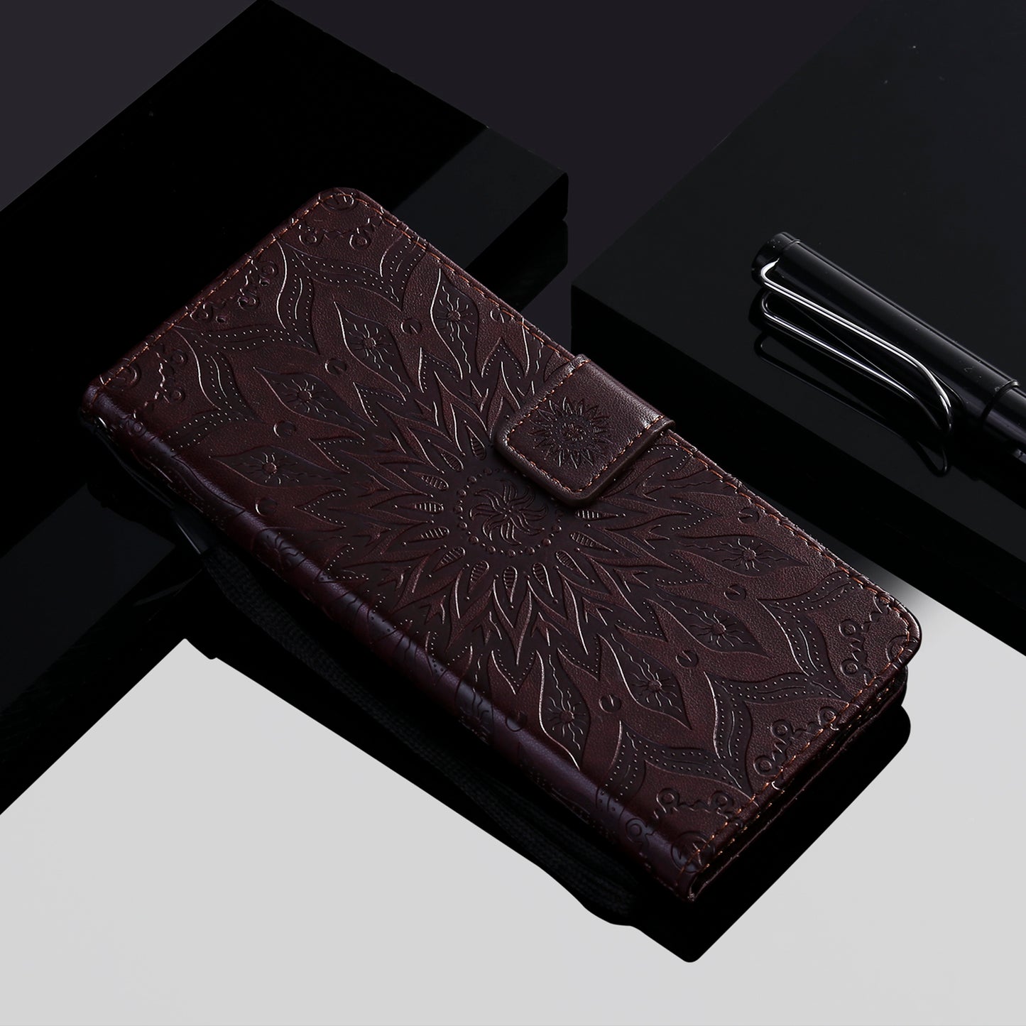KT Imprinting Flower Series-1 Imprinting Mandala Sun Pattern Anti-scratch Protective Leather Case with Wallet Stand for Huawei nova 9/Honor 50 5G