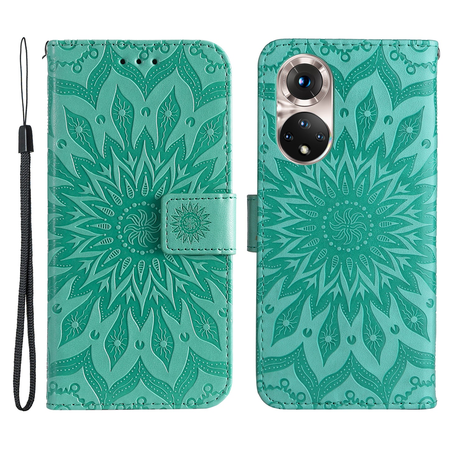 KT Imprinting Flower Series-1 Imprinting Mandala Sun Pattern Anti-scratch Protective Leather Case with Wallet Stand for Huawei nova 9/Honor 50 5G