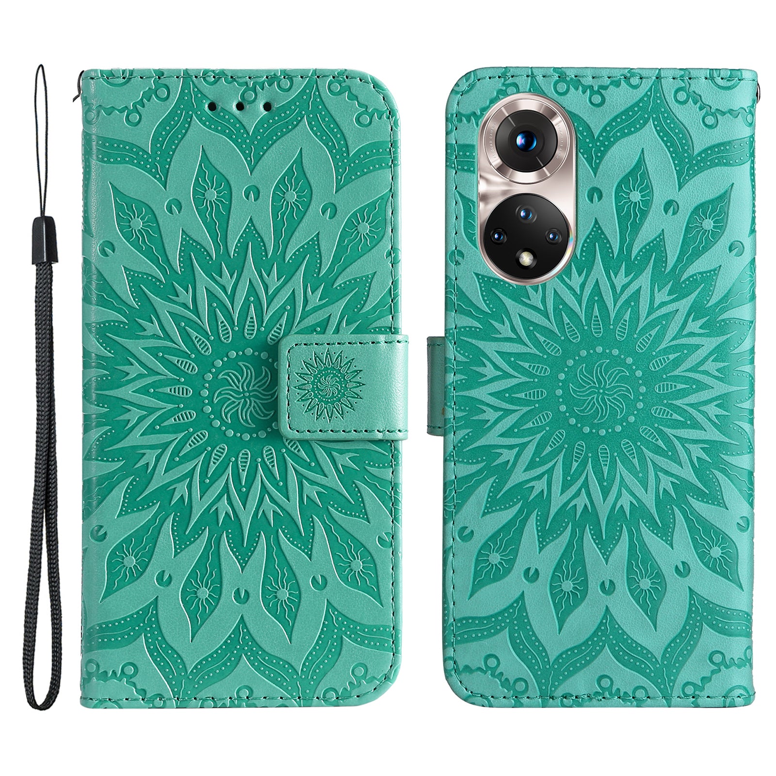 KT Imprinting Flower Series-1 Imprinting Mandala Sun Pattern Anti-scratch Protective Leather Case with Wallet Stand for Huawei nova 9/Honor 50 5G