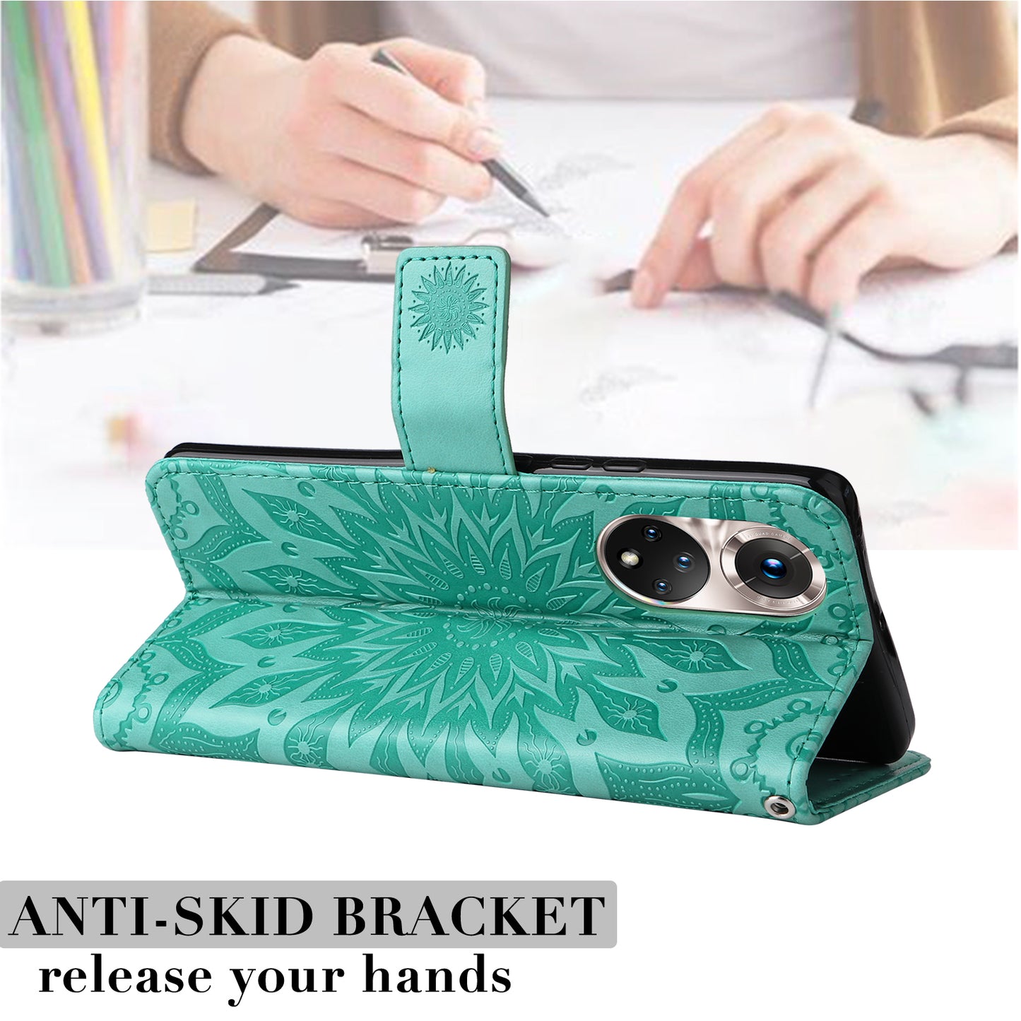 KT Imprinting Flower Series-1 Imprinting Mandala Sun Pattern Anti-scratch Protective Leather Case with Wallet Stand for Huawei nova 9/Honor 50 5G