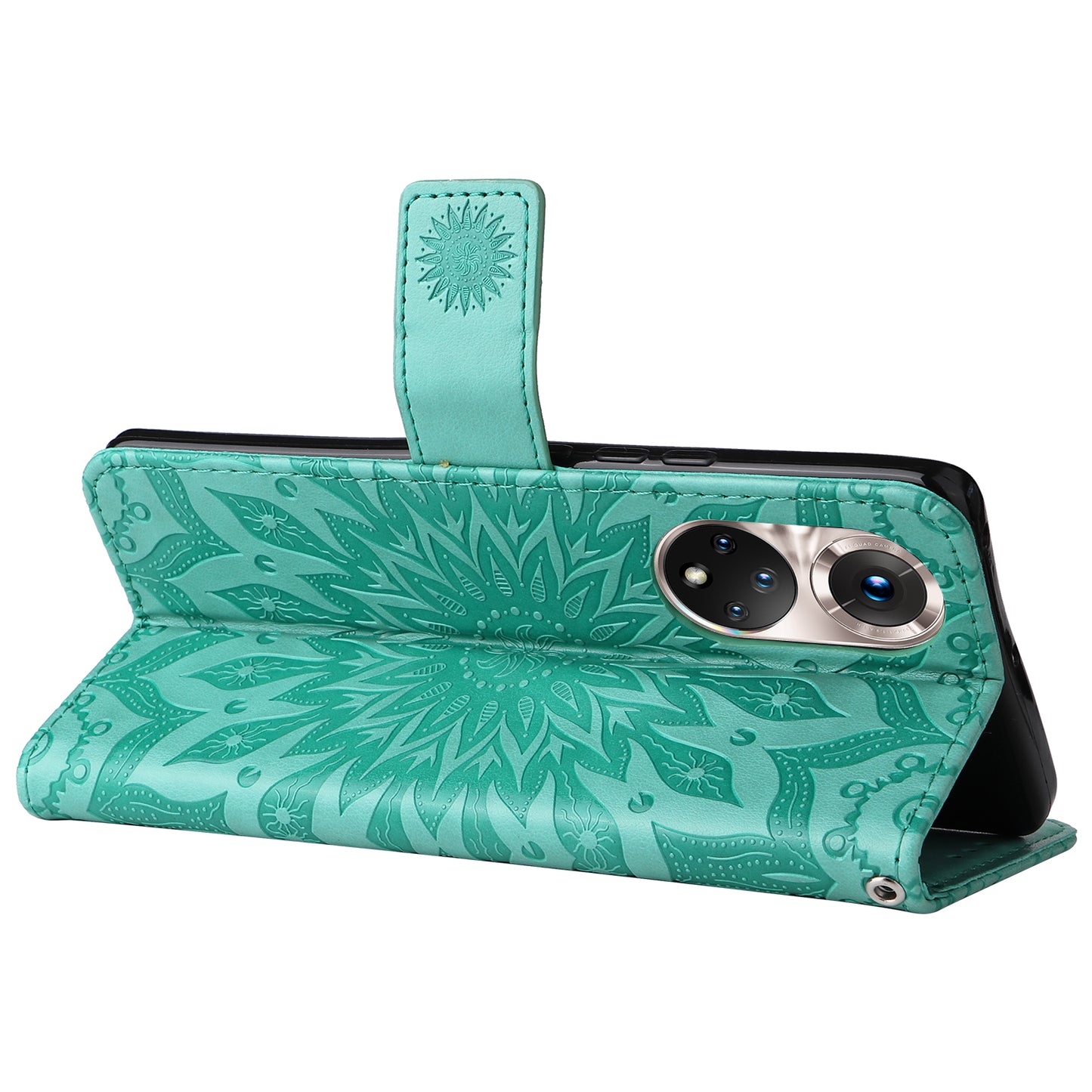 KT Imprinting Flower Series-1 Imprinting Mandala Sun Pattern Anti-scratch Protective Leather Case with Wallet Stand for Huawei nova 9/Honor 50 5G