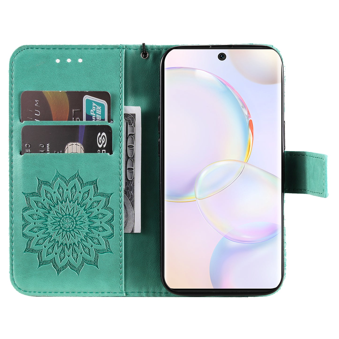 KT Imprinting Flower Series-1 Imprinting Mandala Sun Pattern Anti-scratch Protective Leather Case with Wallet Stand for Huawei nova 9/Honor 50 5G