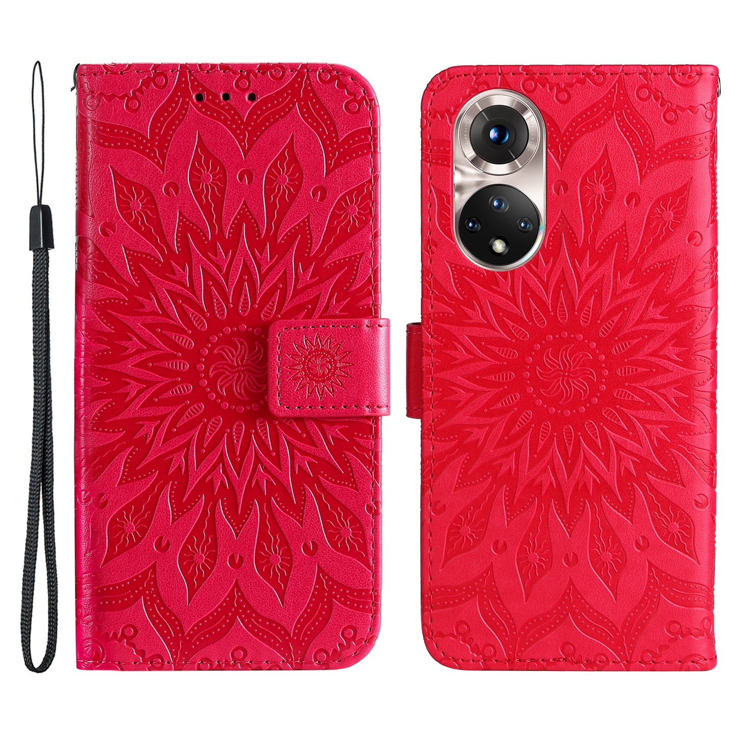 KT Imprinting Flower Series-1 Imprinting Mandala Sun Pattern Anti-scratch Protective Leather Case with Wallet Stand for Huawei nova 9/Honor 50 5G