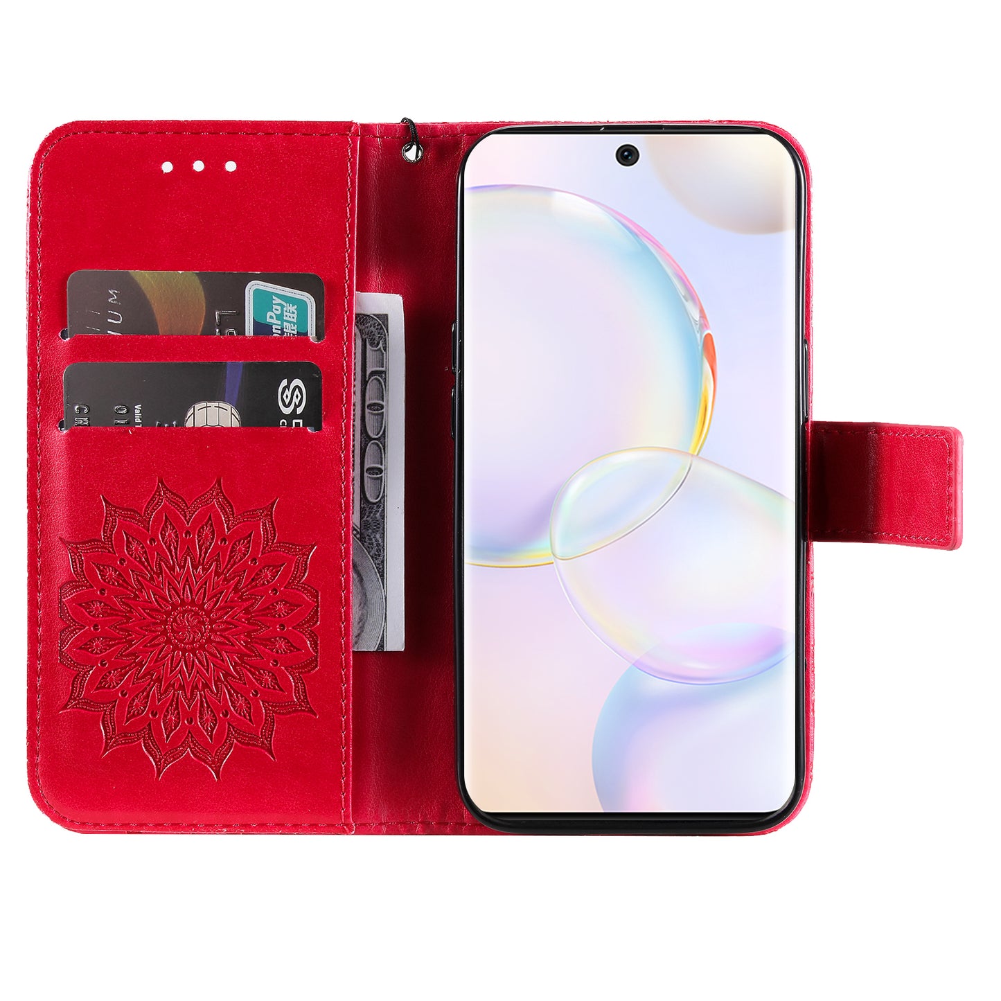 KT Imprinting Flower Series-1 Imprinting Mandala Sun Pattern Anti-scratch Protective Leather Case with Wallet Stand for Huawei nova 9/Honor 50 5G