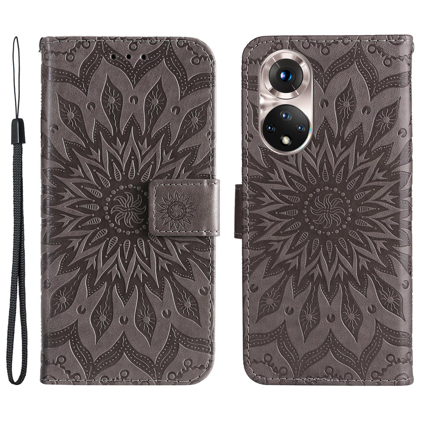 KT Imprinting Flower Series-1 Imprinting Mandala Sun Pattern Anti-scratch Protective Leather Case with Wallet Stand for Huawei nova 9/Honor 50 5G