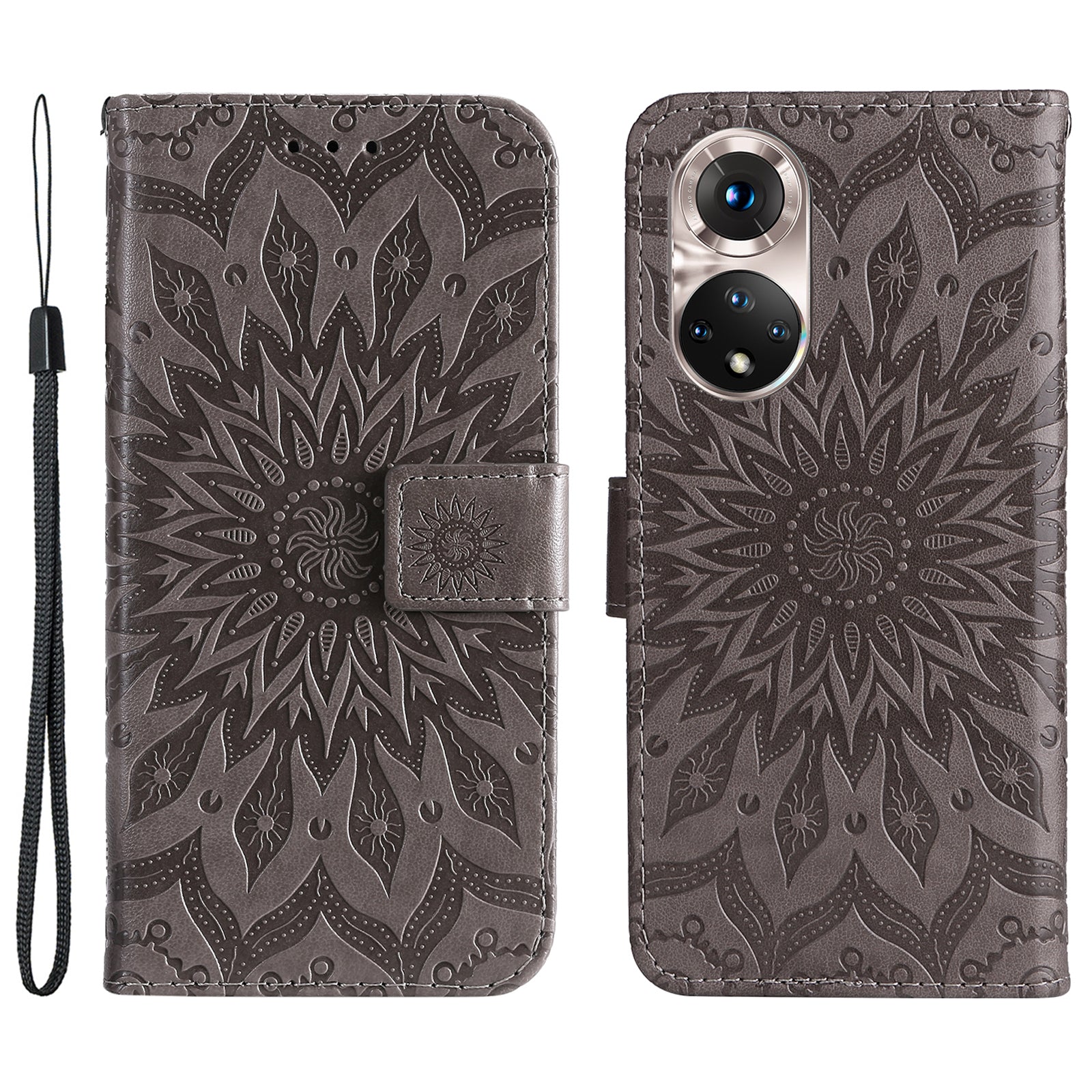 KT Imprinting Flower Series-1 Imprinting Mandala Sun Pattern Anti-scratch Protective Leather Case with Wallet Stand for Huawei nova 9/Honor 50 5G