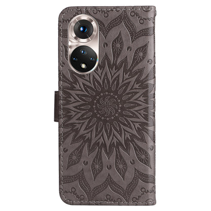KT Imprinting Flower Series-1 Imprinting Mandala Sun Pattern Anti-scratch Protective Leather Case with Wallet Stand for Huawei nova 9/Honor 50 5G