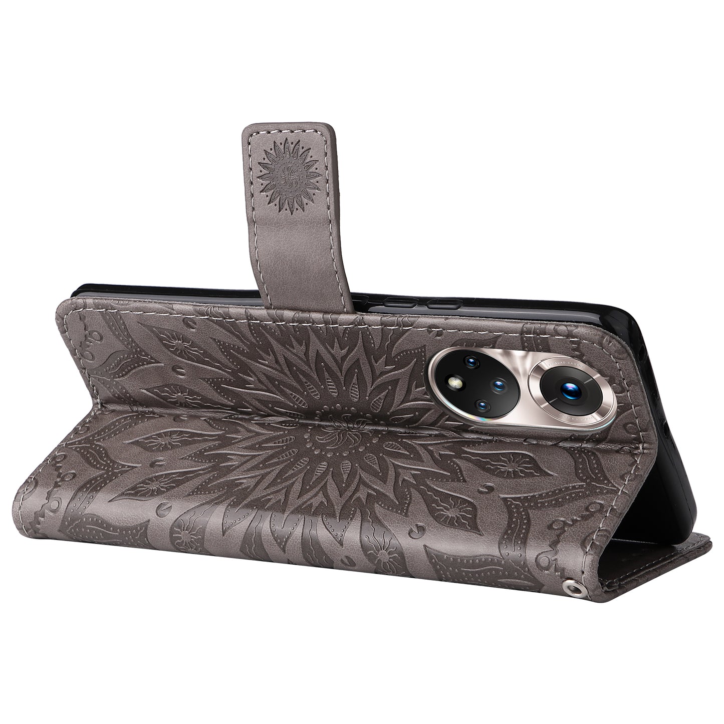 KT Imprinting Flower Series-1 Imprinting Mandala Sun Pattern Anti-scratch Protective Leather Case with Wallet Stand for Huawei nova 9/Honor 50 5G