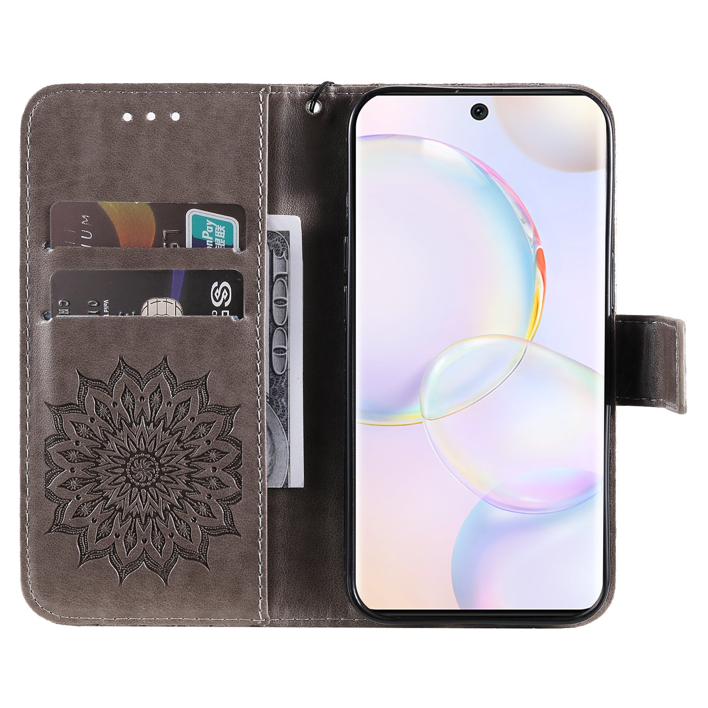 KT Imprinting Flower Series-1 Imprinting Mandala Sun Pattern Anti-scratch Protective Leather Case with Wallet Stand for Huawei nova 9/Honor 50 5G