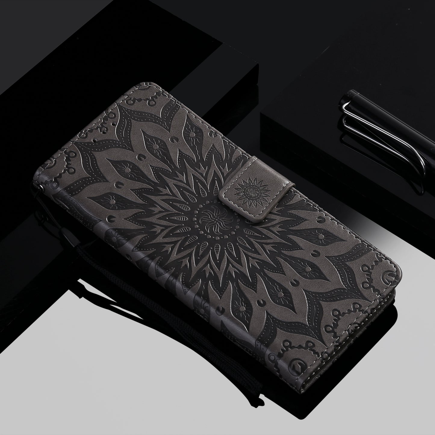 KT Imprinting Flower Series-1 Imprinting Mandala Sun Pattern Anti-scratch Protective Leather Case with Wallet Stand for Huawei nova 9/Honor 50 5G