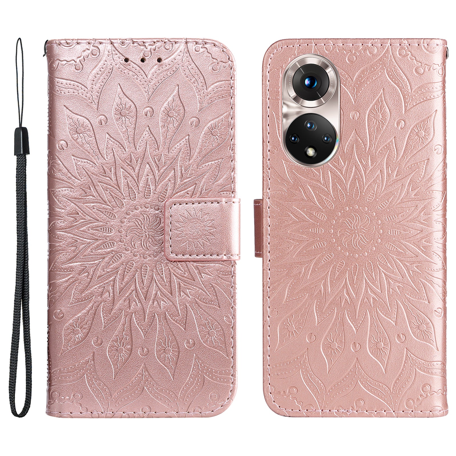 KT Imprinting Flower Series-1 Imprinting Mandala Sun Pattern Anti-scratch Protective Leather Case with Wallet Stand for Huawei nova 9/Honor 50 5G