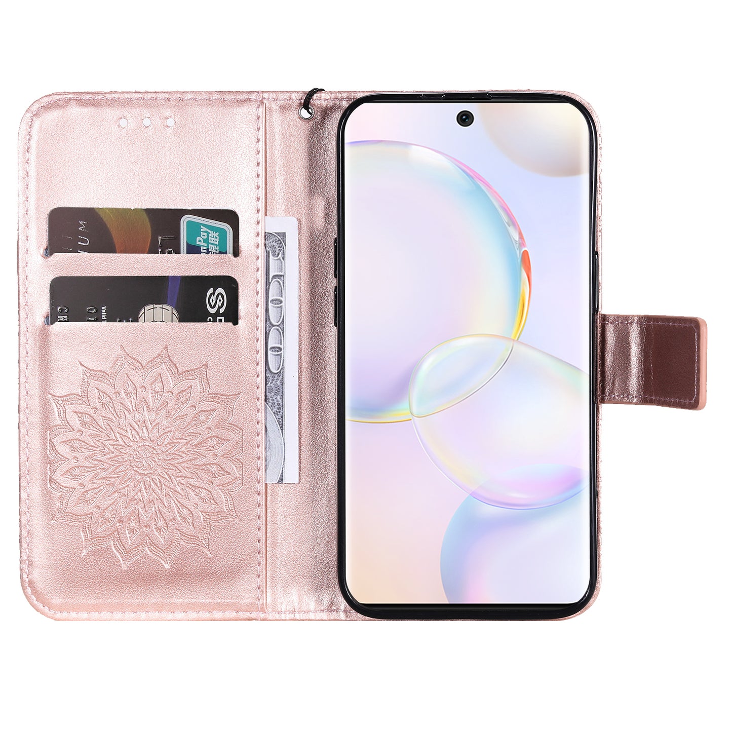 KT Imprinting Flower Series-1 Imprinting Mandala Sun Pattern Anti-scratch Protective Leather Case with Wallet Stand for Huawei nova 9/Honor 50 5G