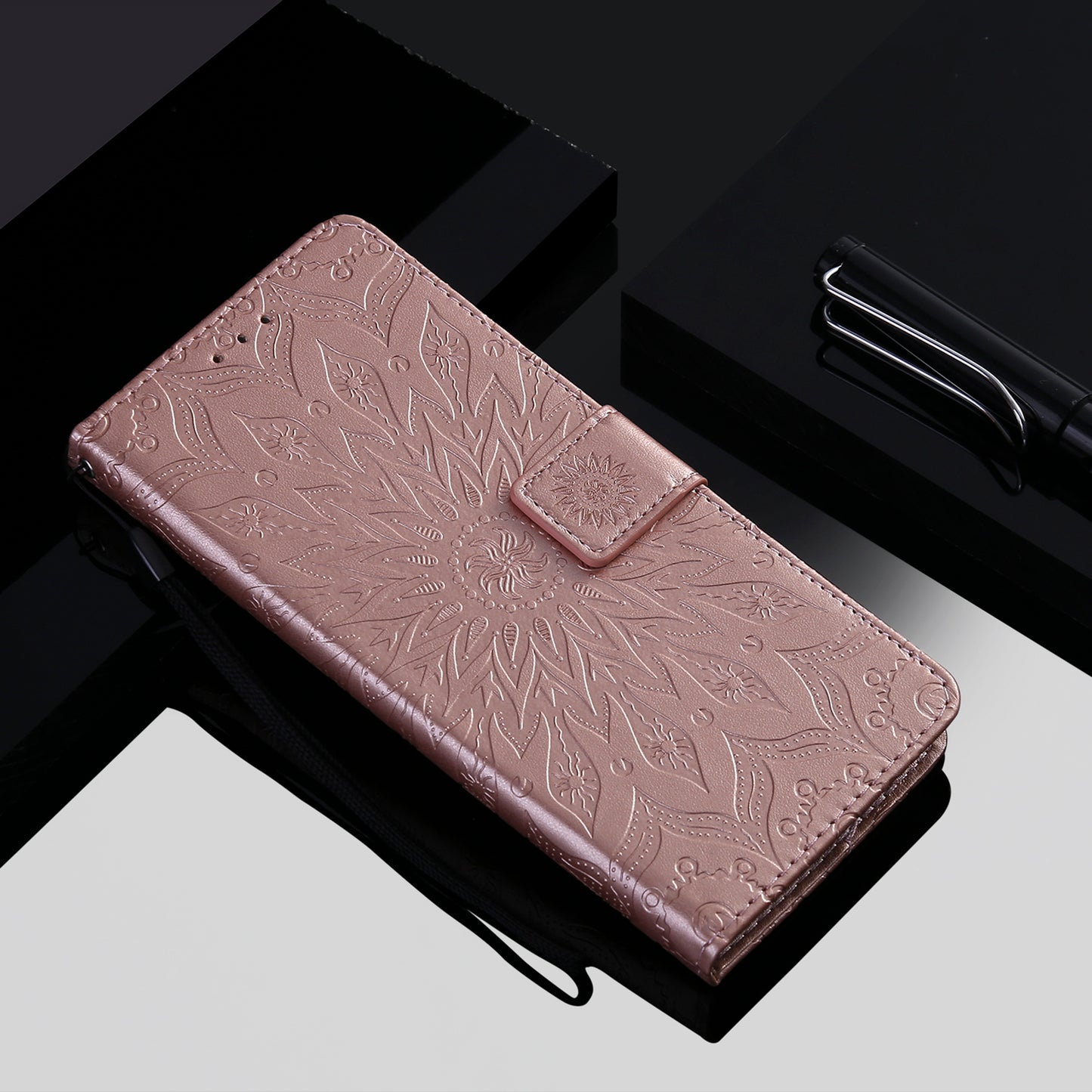 KT Imprinting Flower Series-1 Imprinting Mandala Sun Pattern Anti-scratch Protective Leather Case with Wallet Stand for Huawei nova 9/Honor 50 5G