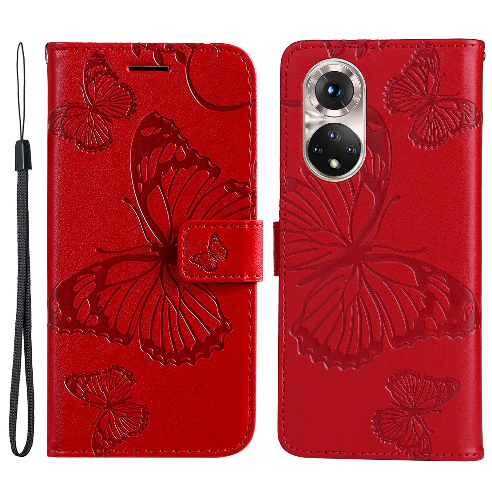 KT Imprinting Flower Series-2 PU Leather Magnetic Flip Wallet Case Stand Imprinted Butterfly Pattern Full Body Protective Cover with Strap for Honor 50 5G / Huawei nova 9