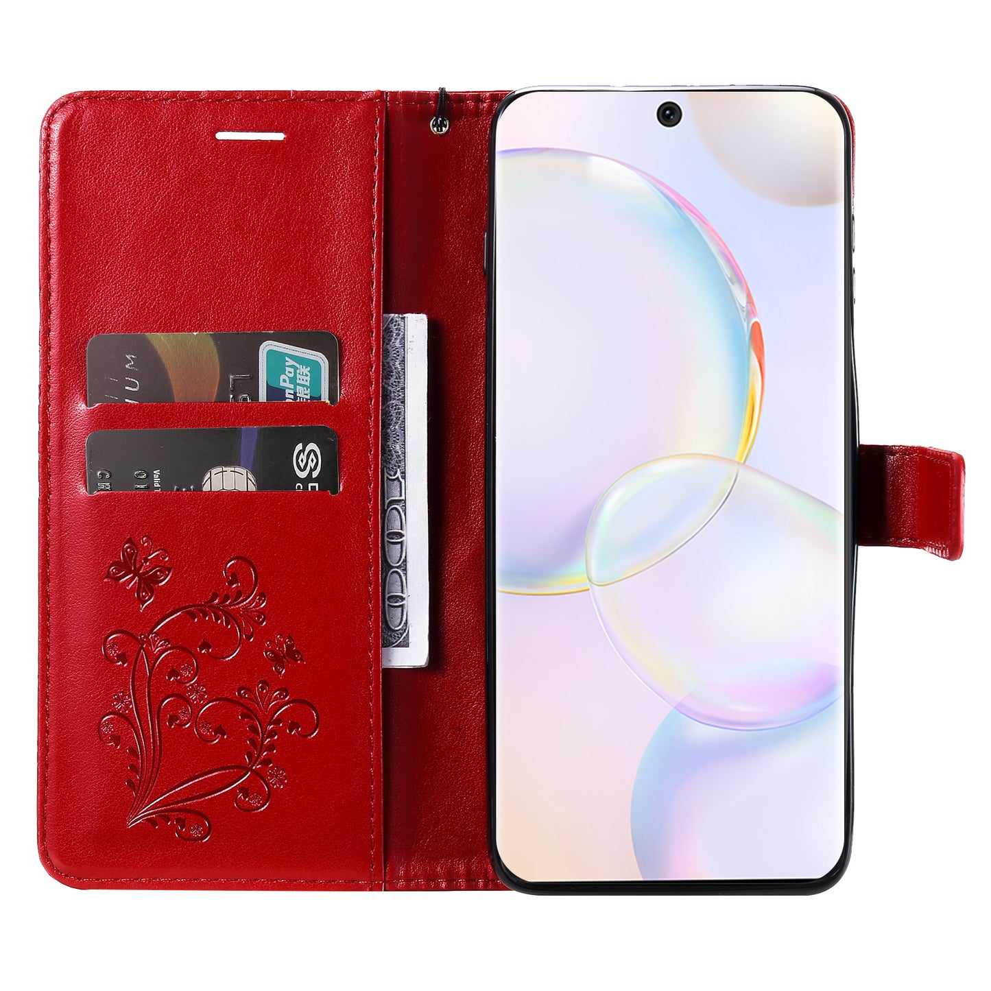 KT Imprinting Flower Series-2 PU Leather Magnetic Flip Wallet Case Stand Imprinted Butterfly Pattern Full Body Protective Cover with Strap for Honor 50 5G / Huawei nova 9