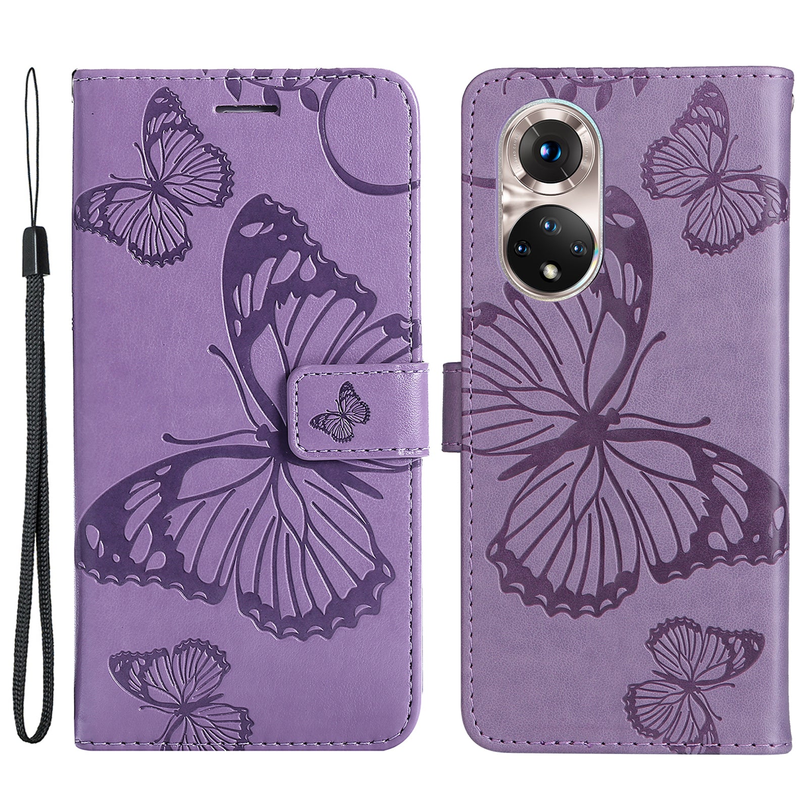 KT Imprinting Flower Series-2 PU Leather Magnetic Flip Wallet Case Stand Imprinted Butterfly Pattern Full Body Protective Cover with Strap for Honor 50 5G / Huawei nova 9