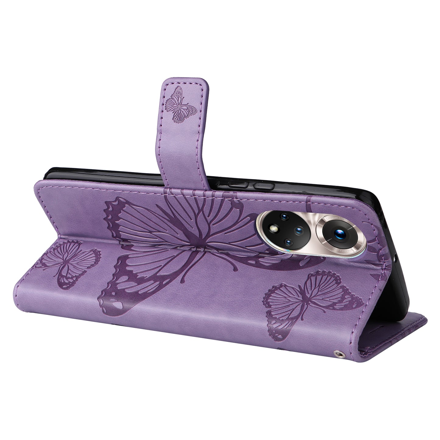 KT Imprinting Flower Series-2 PU Leather Magnetic Flip Wallet Case Stand Imprinted Butterfly Pattern Full Body Protective Cover with Strap for Honor 50 5G / Huawei nova 9