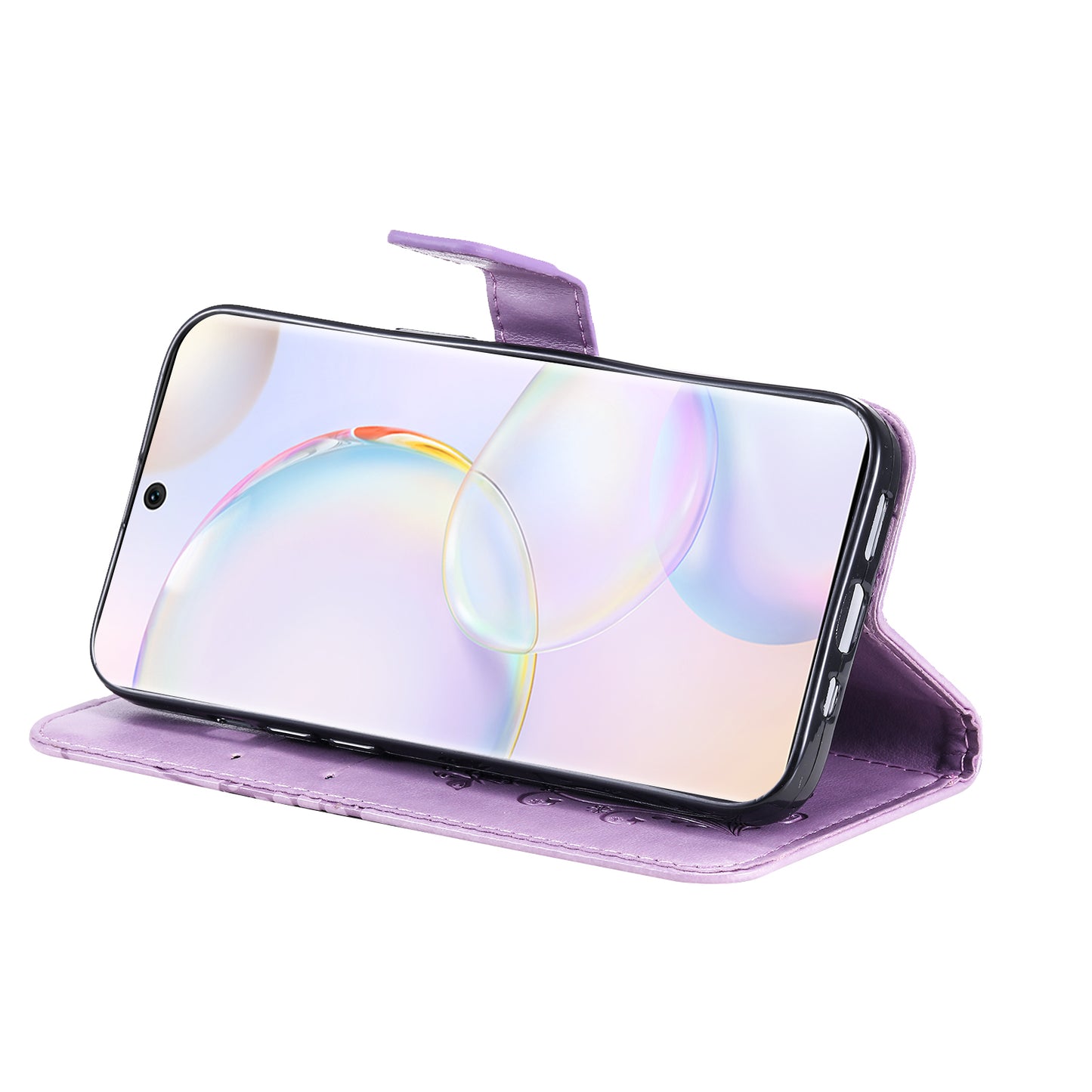 KT Imprinting Flower Series-2 PU Leather Magnetic Flip Wallet Case Stand Imprinted Butterfly Pattern Full Body Protective Cover with Strap for Honor 50 5G / Huawei nova 9