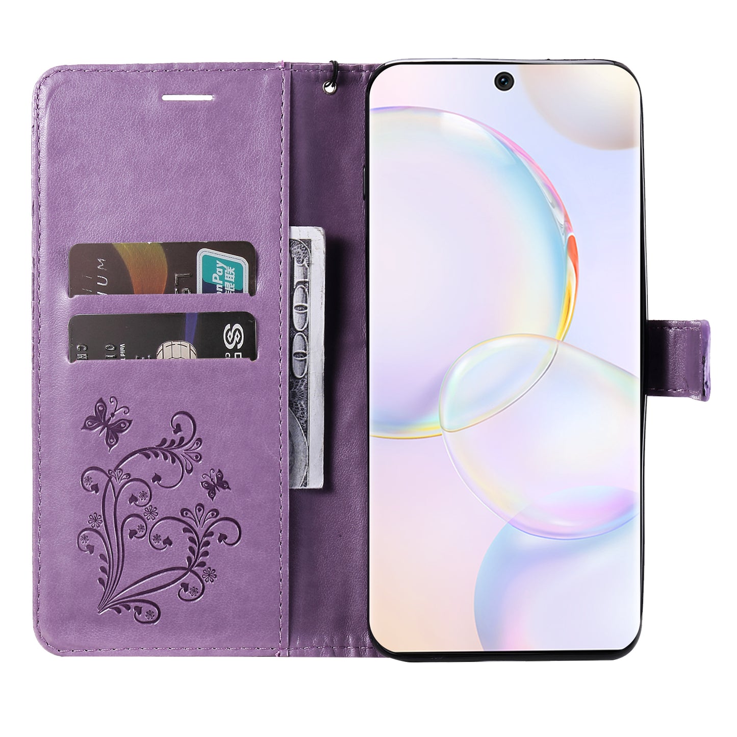 KT Imprinting Flower Series-2 PU Leather Magnetic Flip Wallet Case Stand Imprinted Butterfly Pattern Full Body Protective Cover with Strap for Honor 50 5G / Huawei nova 9