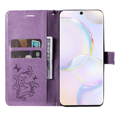 KT Imprinting Flower Series-2 PU Leather Magnetic Flip Wallet Case Stand Imprinted Butterfly Pattern Full Body Protective Cover with Strap for Honor 50 5G / Huawei nova 9