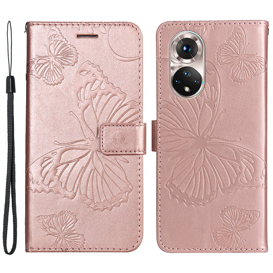 KT Imprinting Flower Series-2 PU Leather Magnetic Flip Wallet Case Stand Imprinted Butterfly Pattern Full Body Protective Cover with Strap for Honor 50 5G / Huawei nova 9