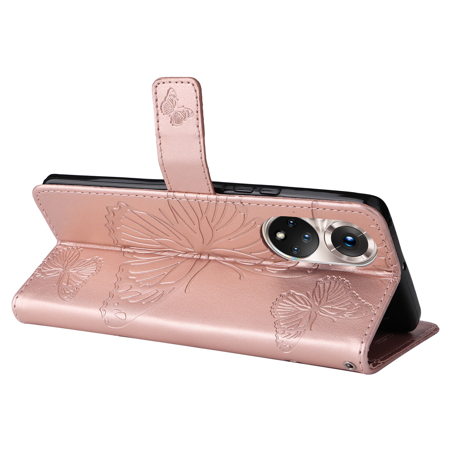 KT Imprinting Flower Series-2 PU Leather Magnetic Flip Wallet Case Stand Imprinted Butterfly Pattern Full Body Protective Cover with Strap for Honor 50 5G / Huawei nova 9