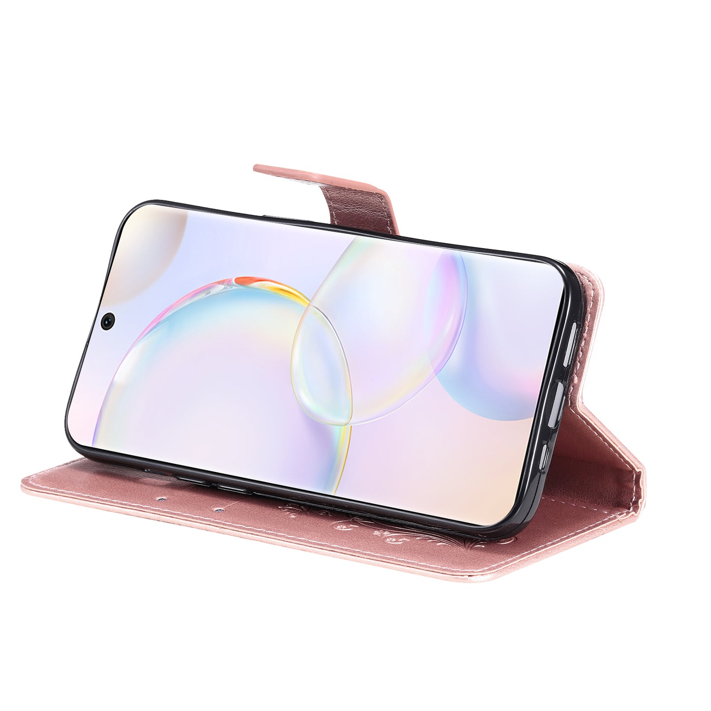 KT Imprinting Flower Series-2 PU Leather Magnetic Flip Wallet Case Stand Imprinted Butterfly Pattern Full Body Protective Cover with Strap for Honor 50 5G / Huawei nova 9