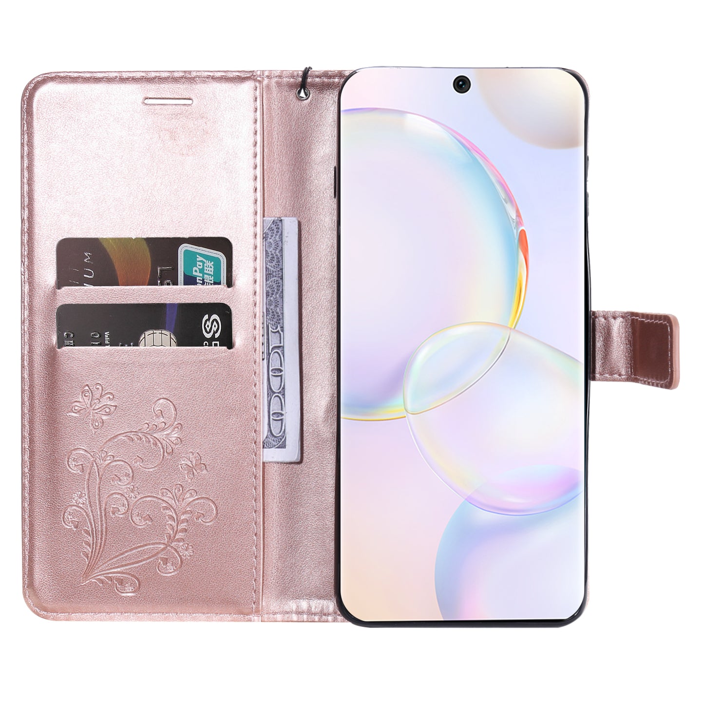 KT Imprinting Flower Series-2 PU Leather Magnetic Flip Wallet Case Stand Imprinted Butterfly Pattern Full Body Protective Cover with Strap for Honor 50 5G / Huawei nova 9