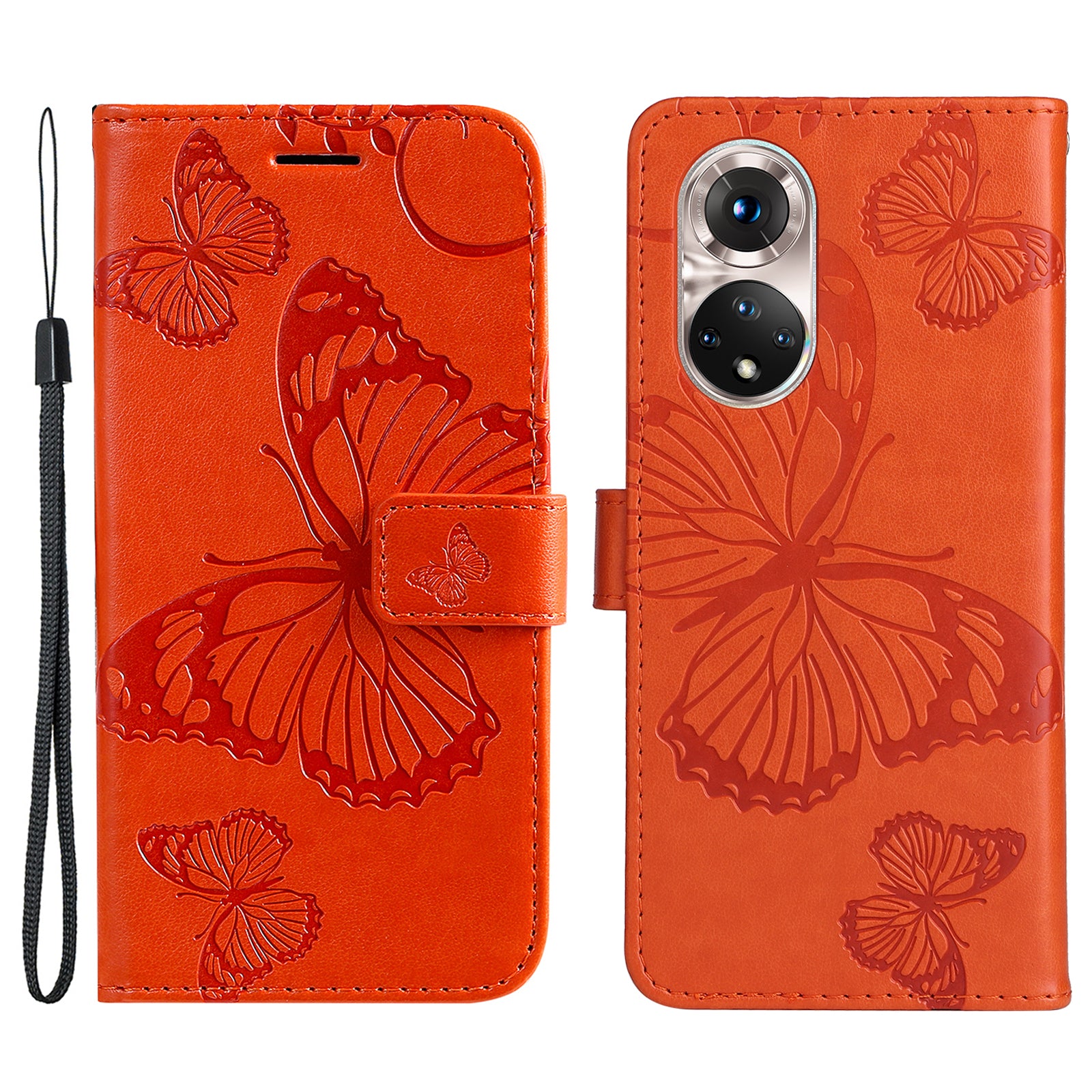 KT Imprinting Flower Series-2 PU Leather Magnetic Flip Wallet Case Stand Imprinted Butterfly Pattern Full Body Protective Cover with Strap for Honor 50 5G / Huawei nova 9