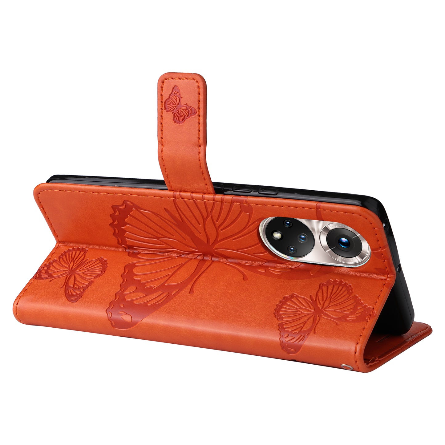 KT Imprinting Flower Series-2 PU Leather Magnetic Flip Wallet Case Stand Imprinted Butterfly Pattern Full Body Protective Cover with Strap for Honor 50 5G / Huawei nova 9