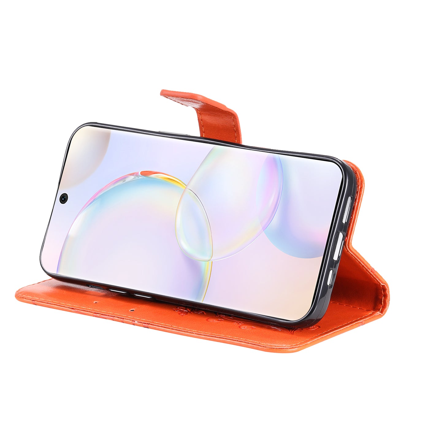 KT Imprinting Flower Series-2 PU Leather Magnetic Flip Wallet Case Stand Imprinted Butterfly Pattern Full Body Protective Cover with Strap for Honor 50 5G / Huawei nova 9