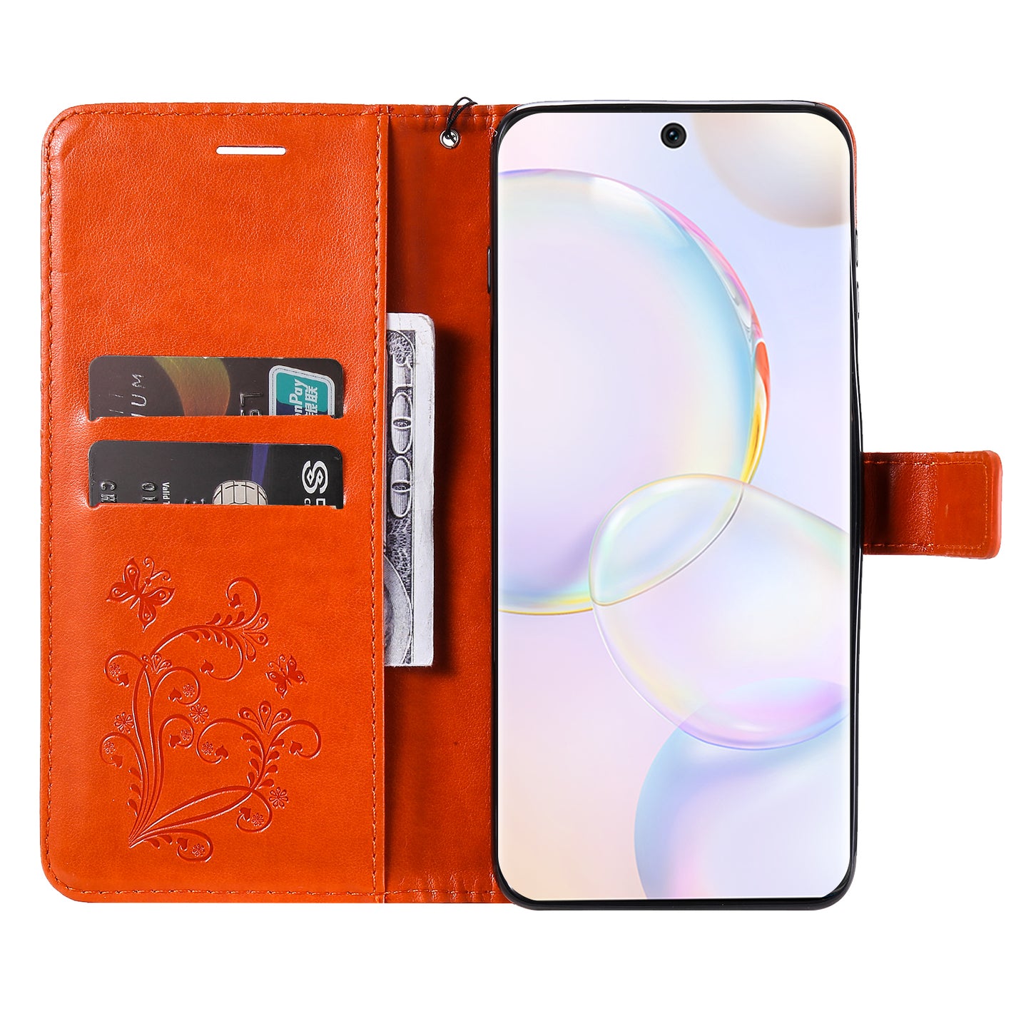 KT Imprinting Flower Series-2 PU Leather Magnetic Flip Wallet Case Stand Imprinted Butterfly Pattern Full Body Protective Cover with Strap for Honor 50 5G / Huawei nova 9