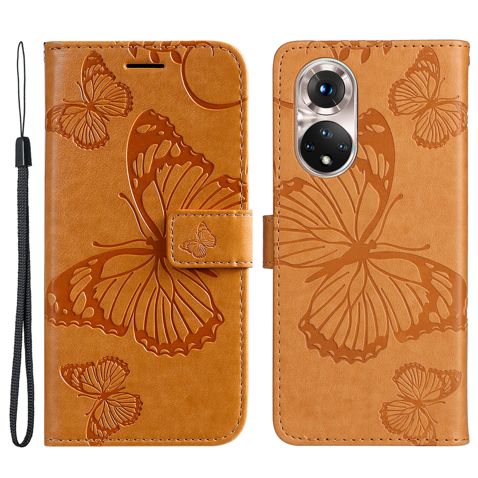 KT Imprinting Flower Series-2 PU Leather Magnetic Flip Wallet Case Stand Imprinted Butterfly Pattern Full Body Protective Cover with Strap for Honor 50 5G / Huawei nova 9