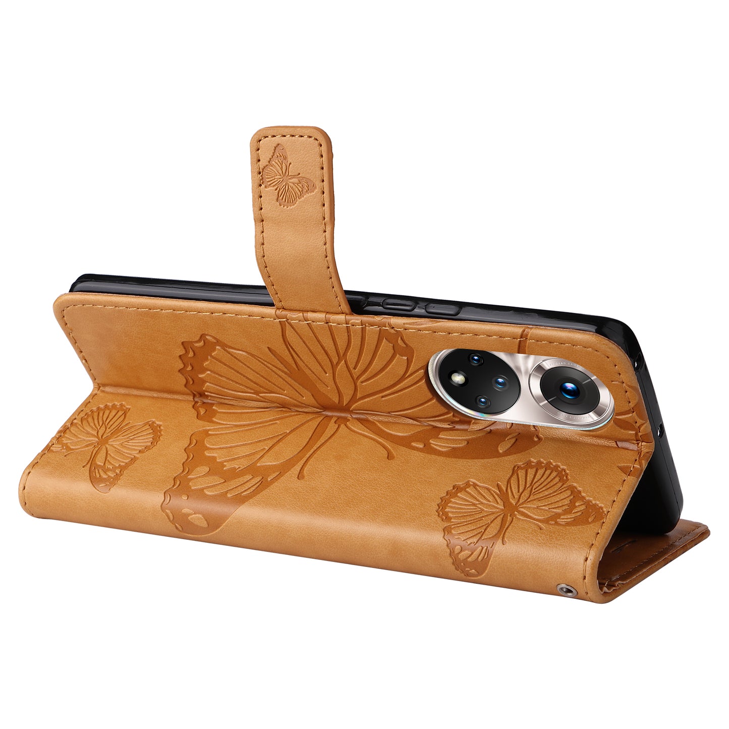 KT Imprinting Flower Series-2 PU Leather Magnetic Flip Wallet Case Stand Imprinted Butterfly Pattern Full Body Protective Cover with Strap for Honor 50 5G / Huawei nova 9