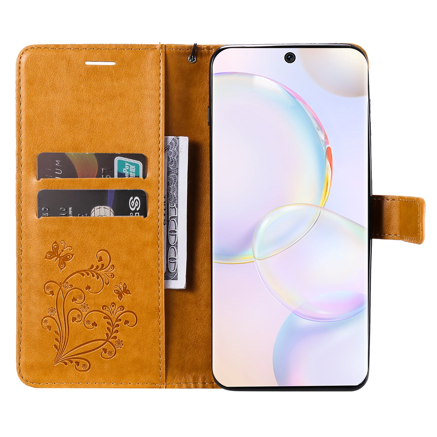 KT Imprinting Flower Series-2 PU Leather Magnetic Flip Wallet Case Stand Imprinted Butterfly Pattern Full Body Protective Cover with Strap for Honor 50 5G / Huawei nova 9