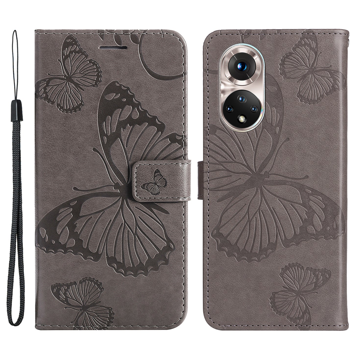 KT Imprinting Flower Series-2 PU Leather Magnetic Flip Wallet Case Stand Imprinted Butterfly Pattern Full Body Protective Cover with Strap for Honor 50 5G / Huawei nova 9