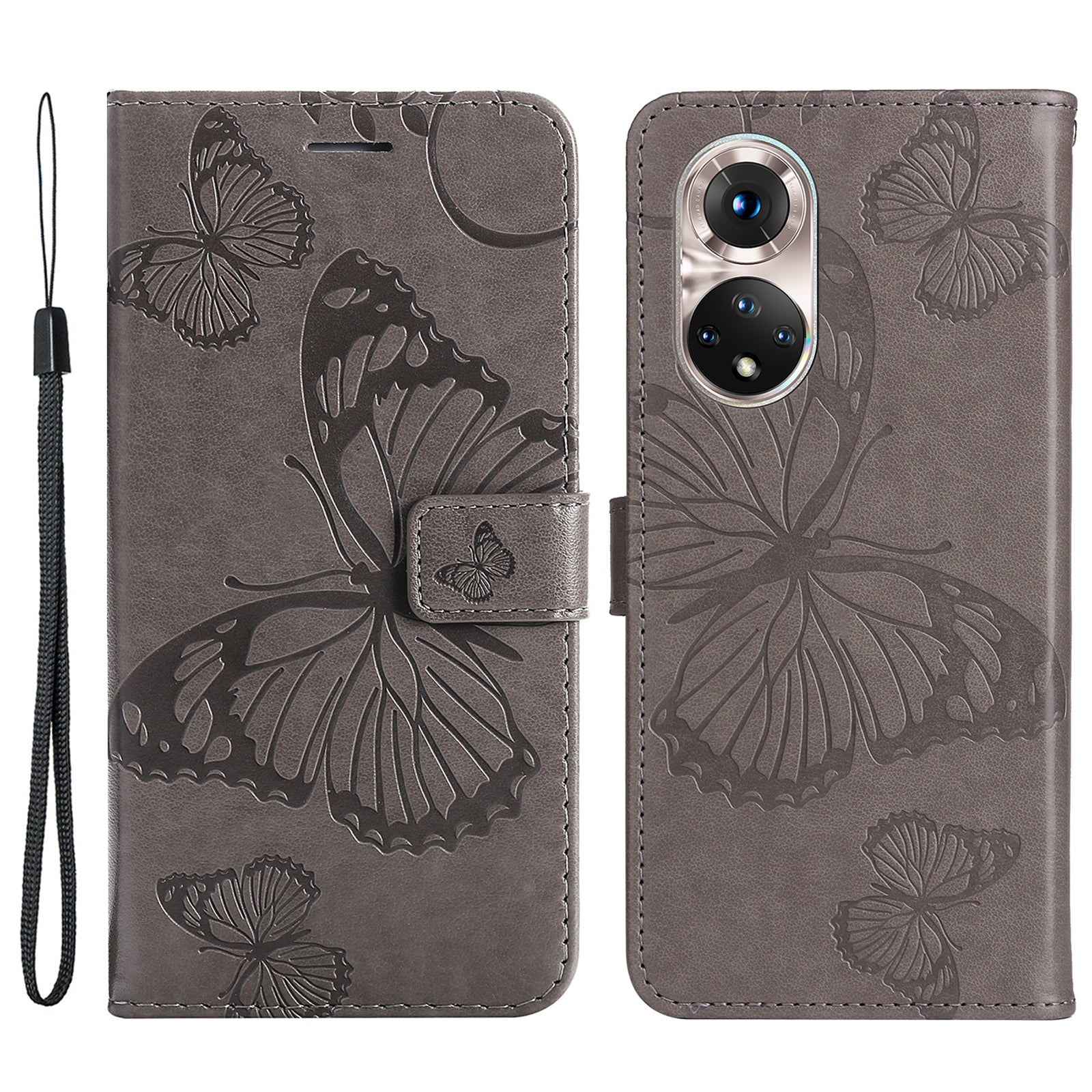 KT Imprinting Flower Series-2 PU Leather Magnetic Flip Wallet Case Stand Imprinted Butterfly Pattern Full Body Protective Cover with Strap for Honor 50 5G / Huawei nova 9