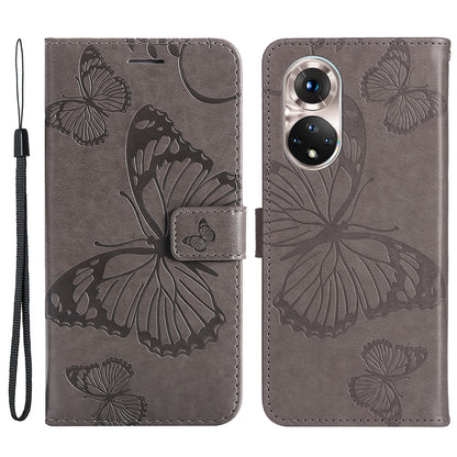 KT Imprinting Flower Series-2 PU Leather Magnetic Flip Wallet Case Stand Imprinted Butterfly Pattern Full Body Protective Cover with Strap for Honor 50 5G / Huawei nova 9