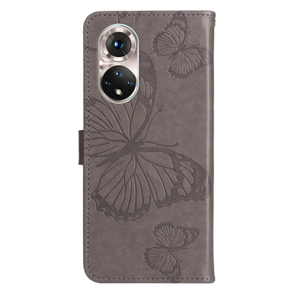 KT Imprinting Flower Series-2 PU Leather Magnetic Flip Wallet Case Stand Imprinted Butterfly Pattern Full Body Protective Cover with Strap for Honor 50 5G / Huawei nova 9
