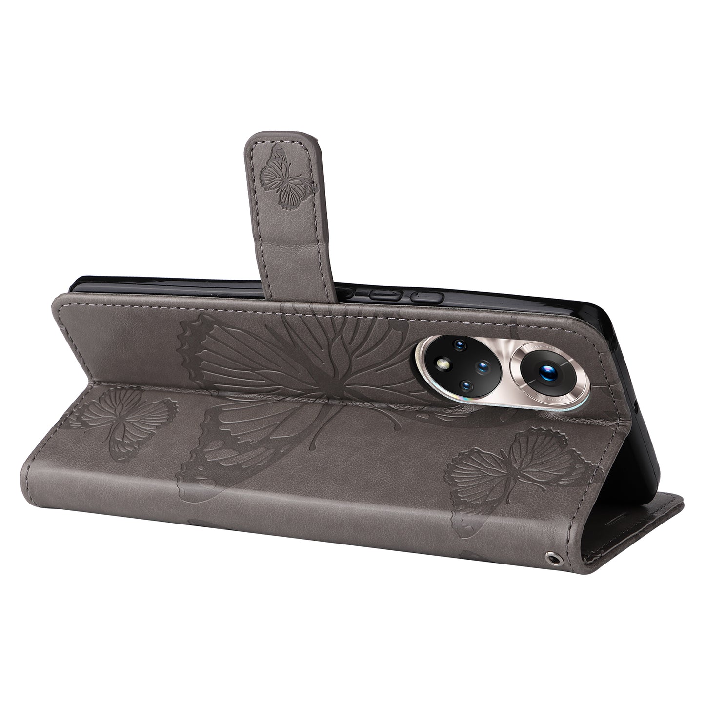KT Imprinting Flower Series-2 PU Leather Magnetic Flip Wallet Case Stand Imprinted Butterfly Pattern Full Body Protective Cover with Strap for Honor 50 5G / Huawei nova 9